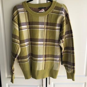 Tahari  XL Women Crew Neck Sweater plaid patchwork with green, brown and white